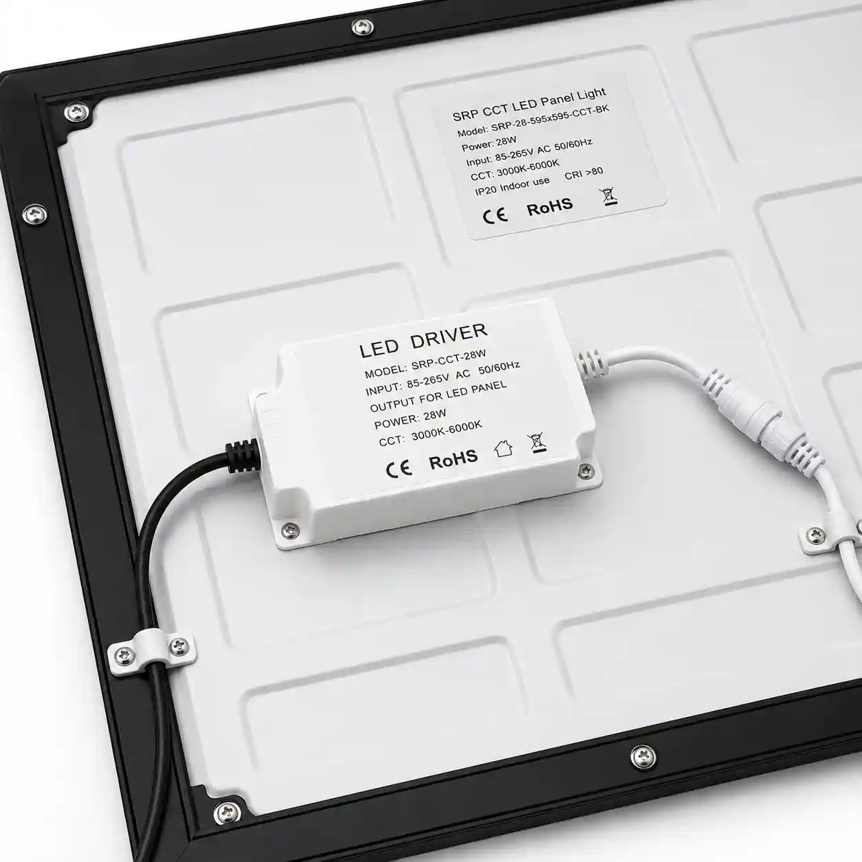 Zadní strana LED panelu SRP 28W 60x60cm černý rám — driver, napájení 85-265V AC, LED čip Tsong